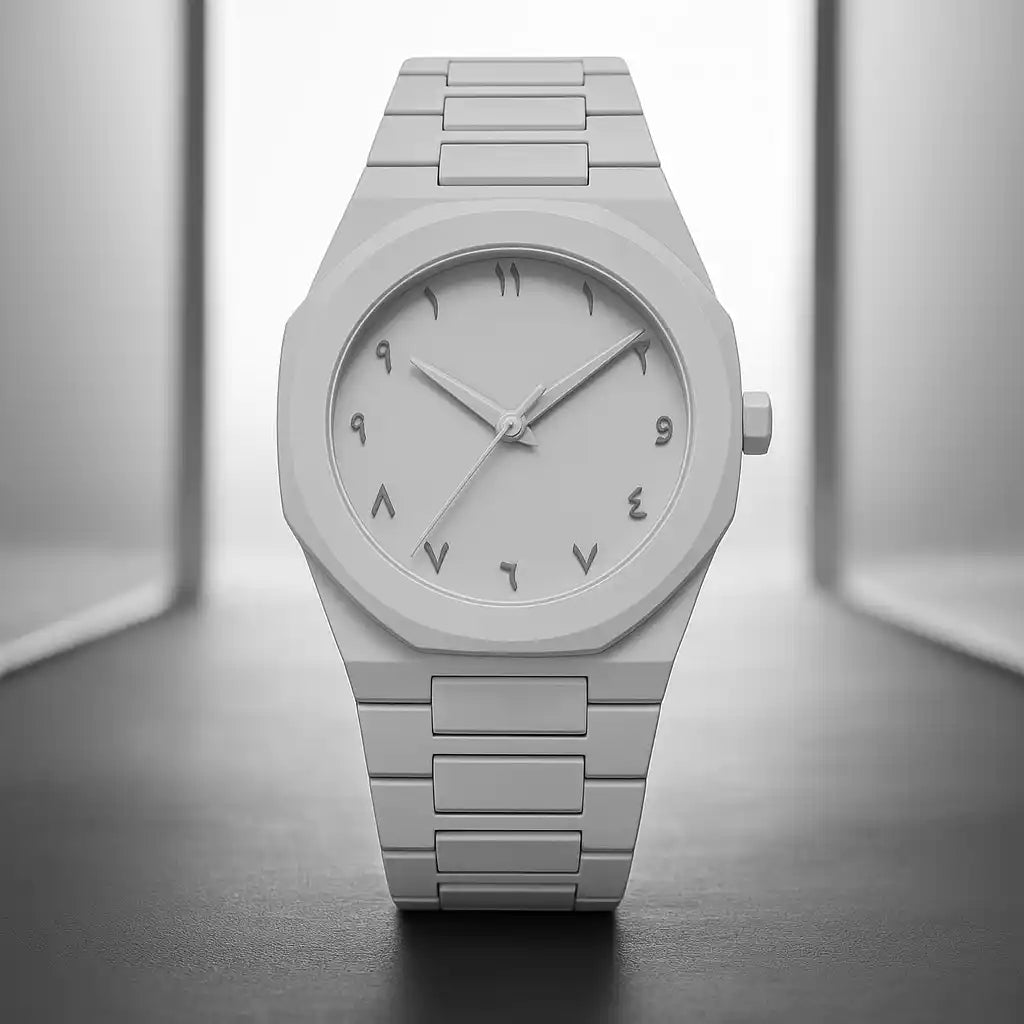 Light grey watch with a minimalist design on a reflective surface