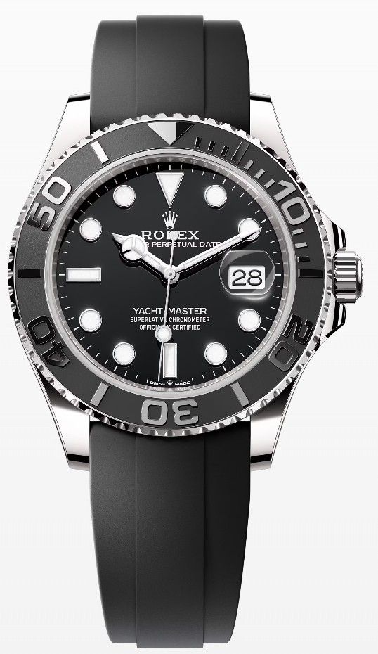 Submariner black dial automatic men’s watch with stainless steel case and black rubber strap on white background.