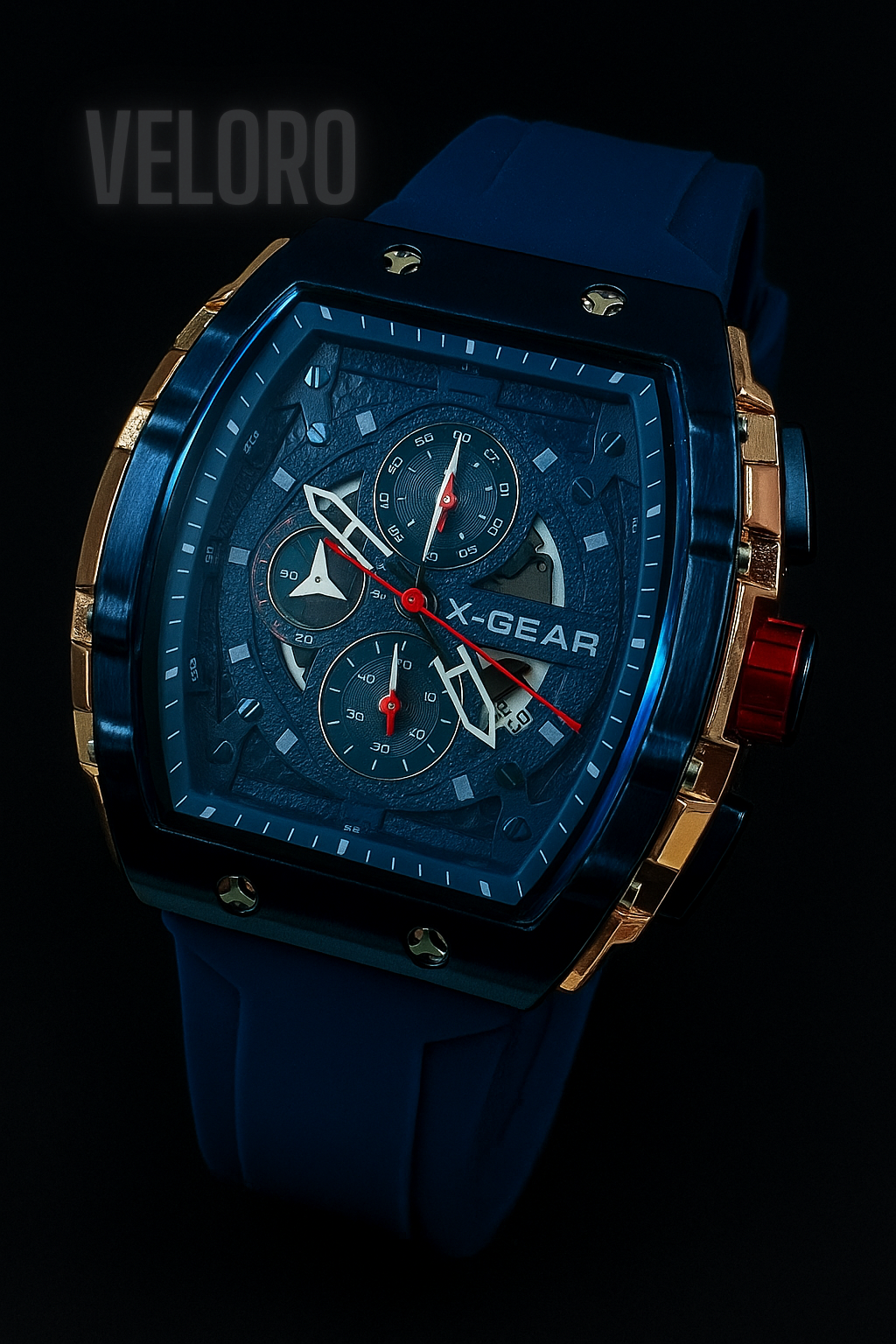 Blue watch with gold accents on a black background, featuring the brand 'Veloro'.