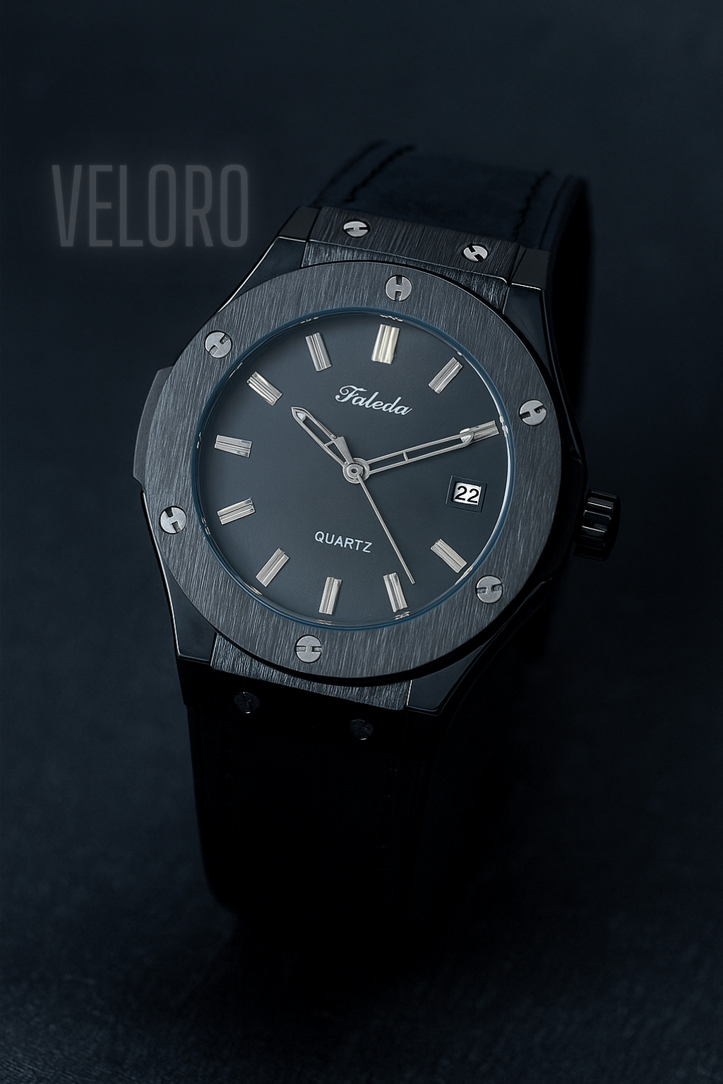 faleda Black watch with visible brand name on a dark background