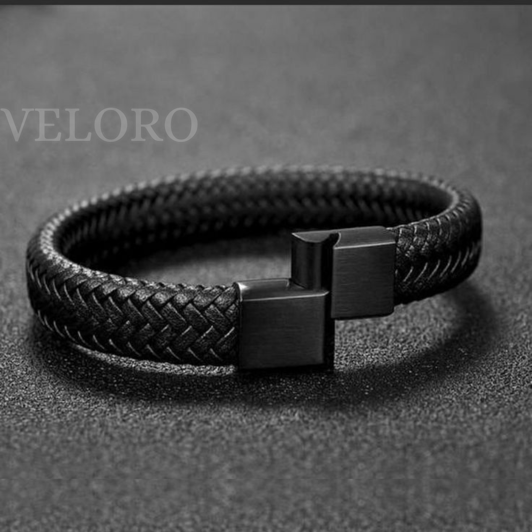 VELORO Men’s Black Braided Leather Bracelet – Magnetic Clasp