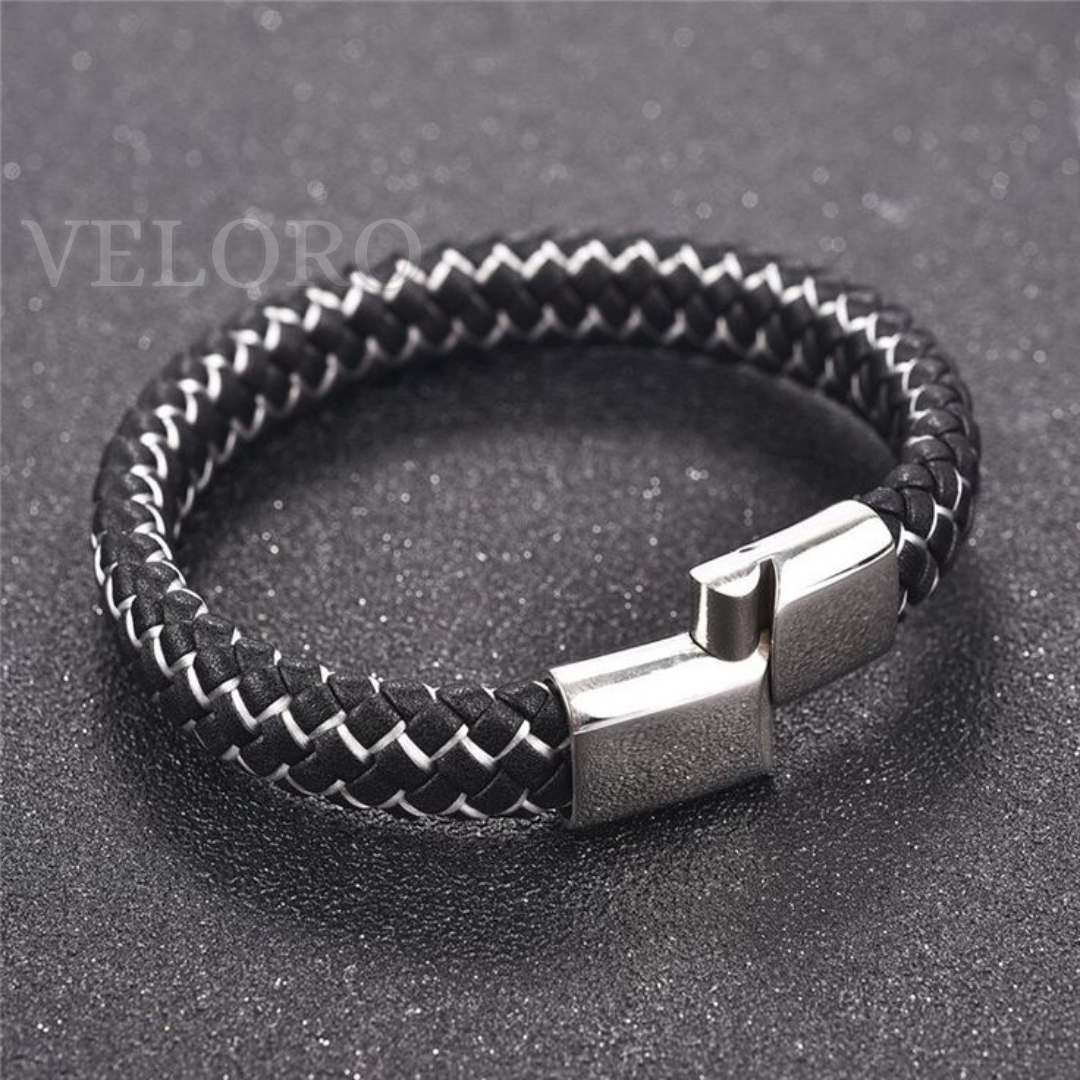 VELORO Men’s Black Braided Leather Bracelet – Magnetic Clasp
