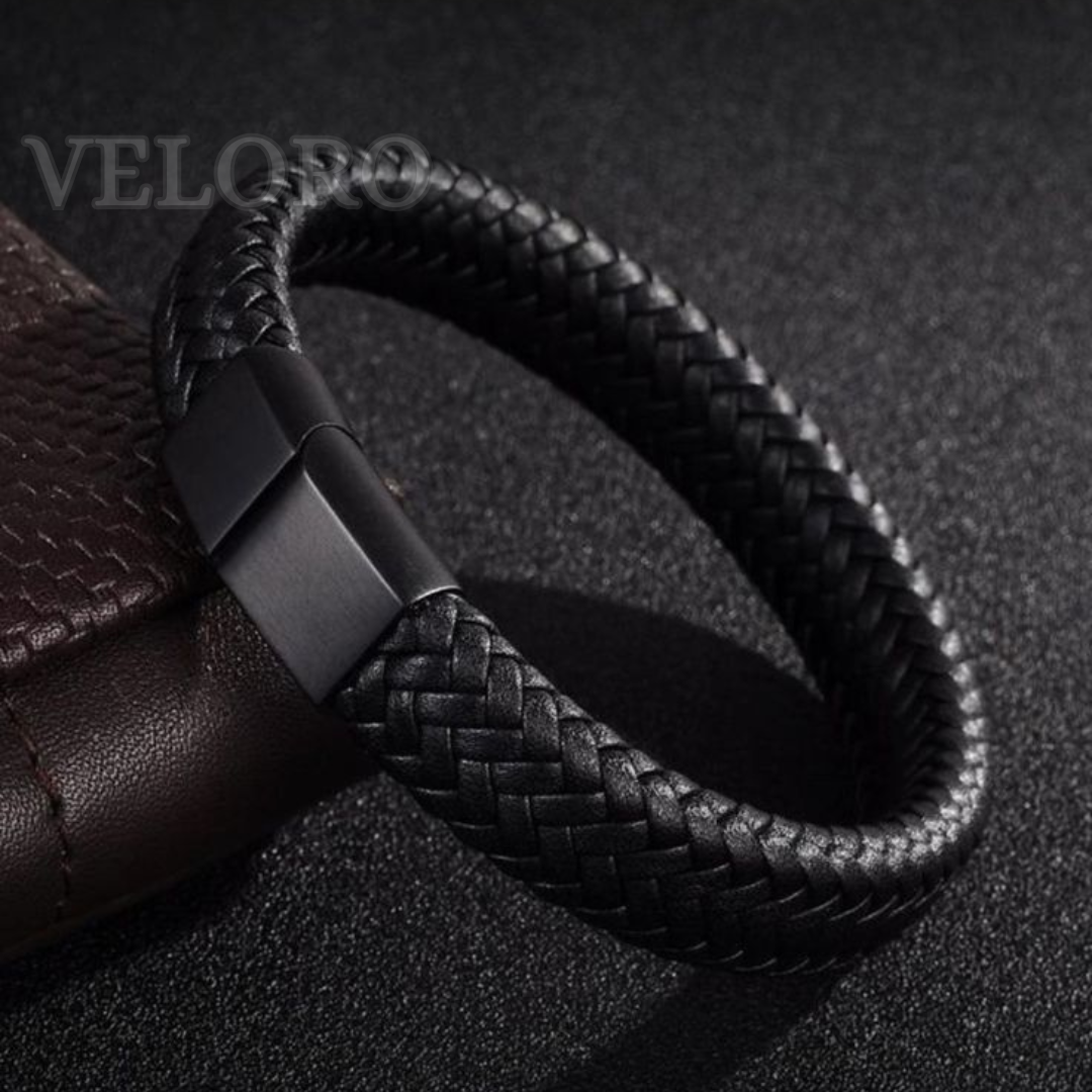VELORO Men’s Black Braided Leather Bracelet – Magnetic Clasp