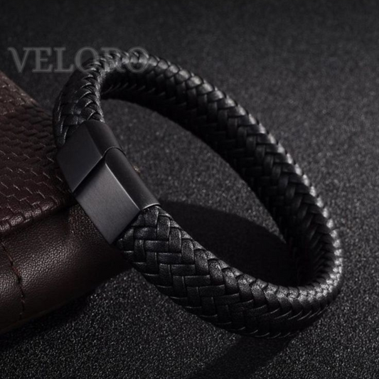 VELORO Men’s Black Braided Leather Bracelet – Magnetic Clasp