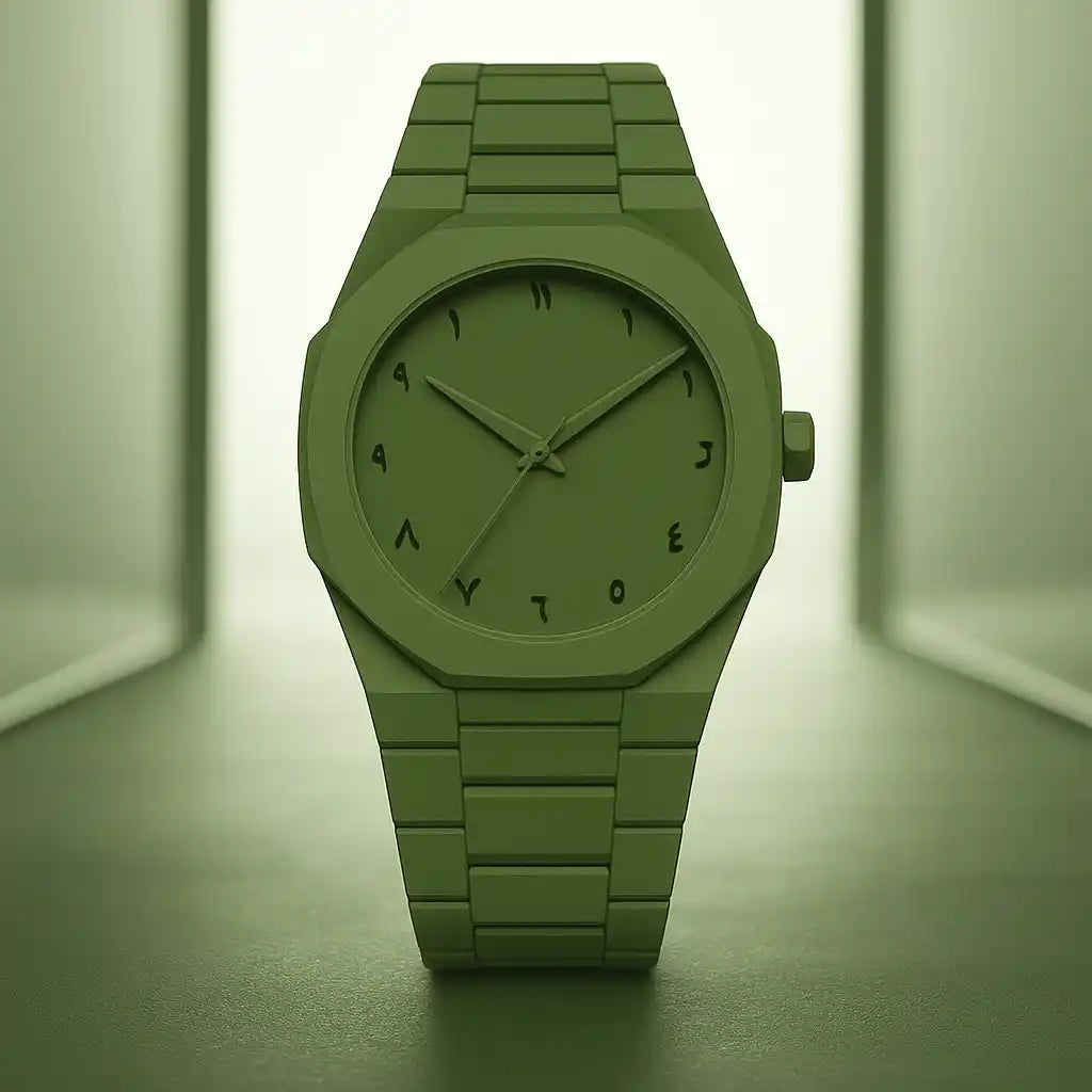 Green watch with a matching band on a green background