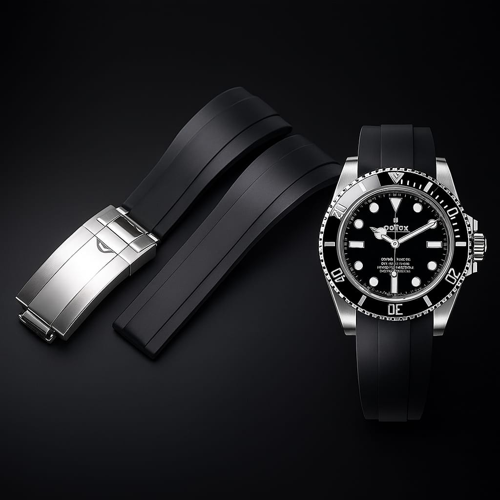 Submariner black dial automatic men’s watch with stainless steel case and black rubber strap on black background.