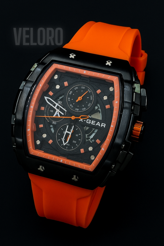 Orange and black watch with 'X-Gear' branding on a black background veloro