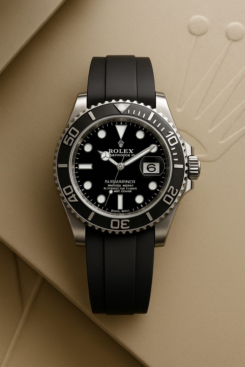 Submariner black dial automatic men’s watch with stainless steel case and black rubber strap on beige background.